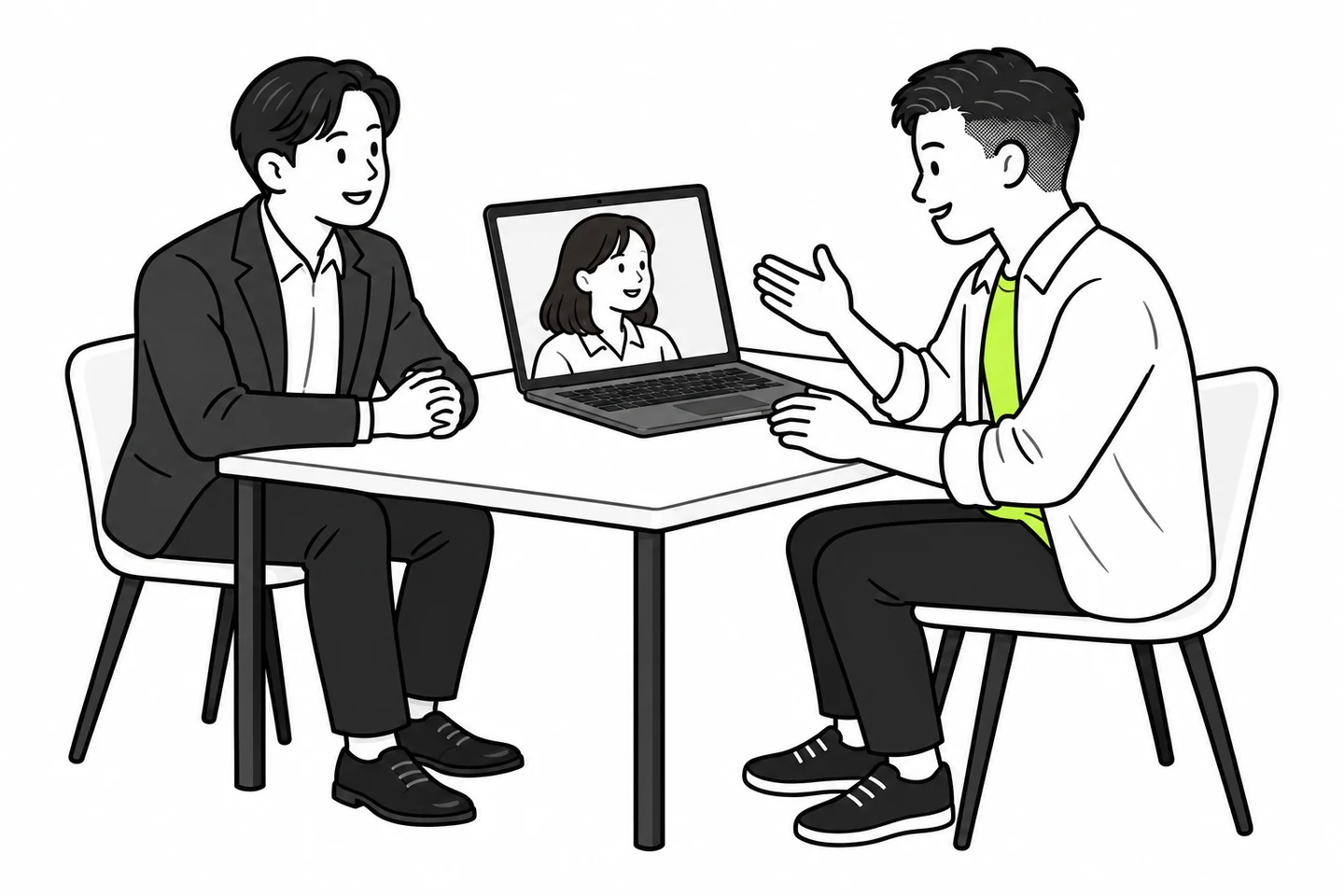 男性の依頼者とは対面で、女性の依頼者とは画面越しに相談する、ライム色の服を着た担当者のイラスト